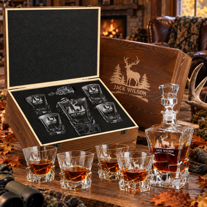 Gift for Hunters – Rocks Decanter Set with 4 Glasses & Wooden Box – image 04