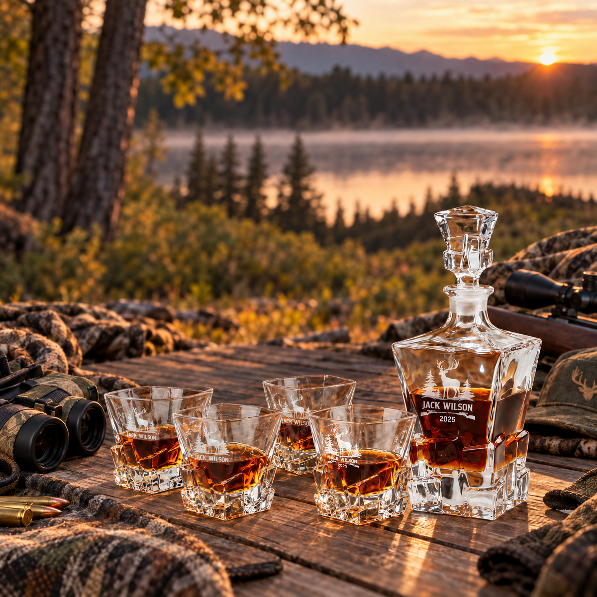 Gift for Hunters – Rocks Decanter Set with 4 Glasses & Wooden Box product image