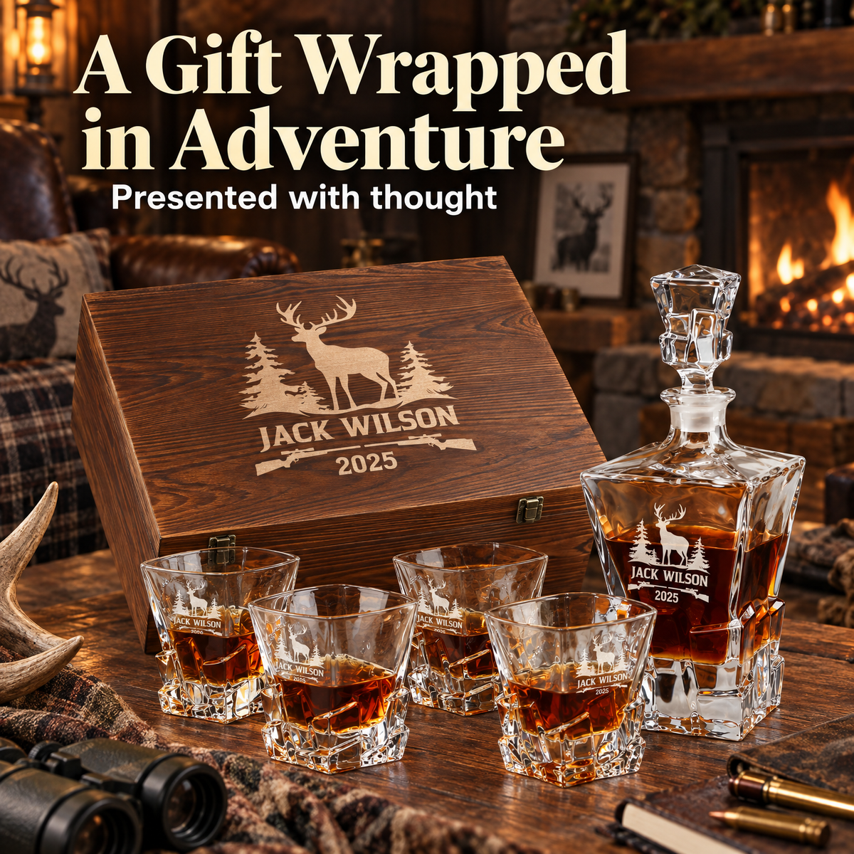 Gift for Hunters – Rocks Decanter Set with 4 Glasses & Wooden Box product image
