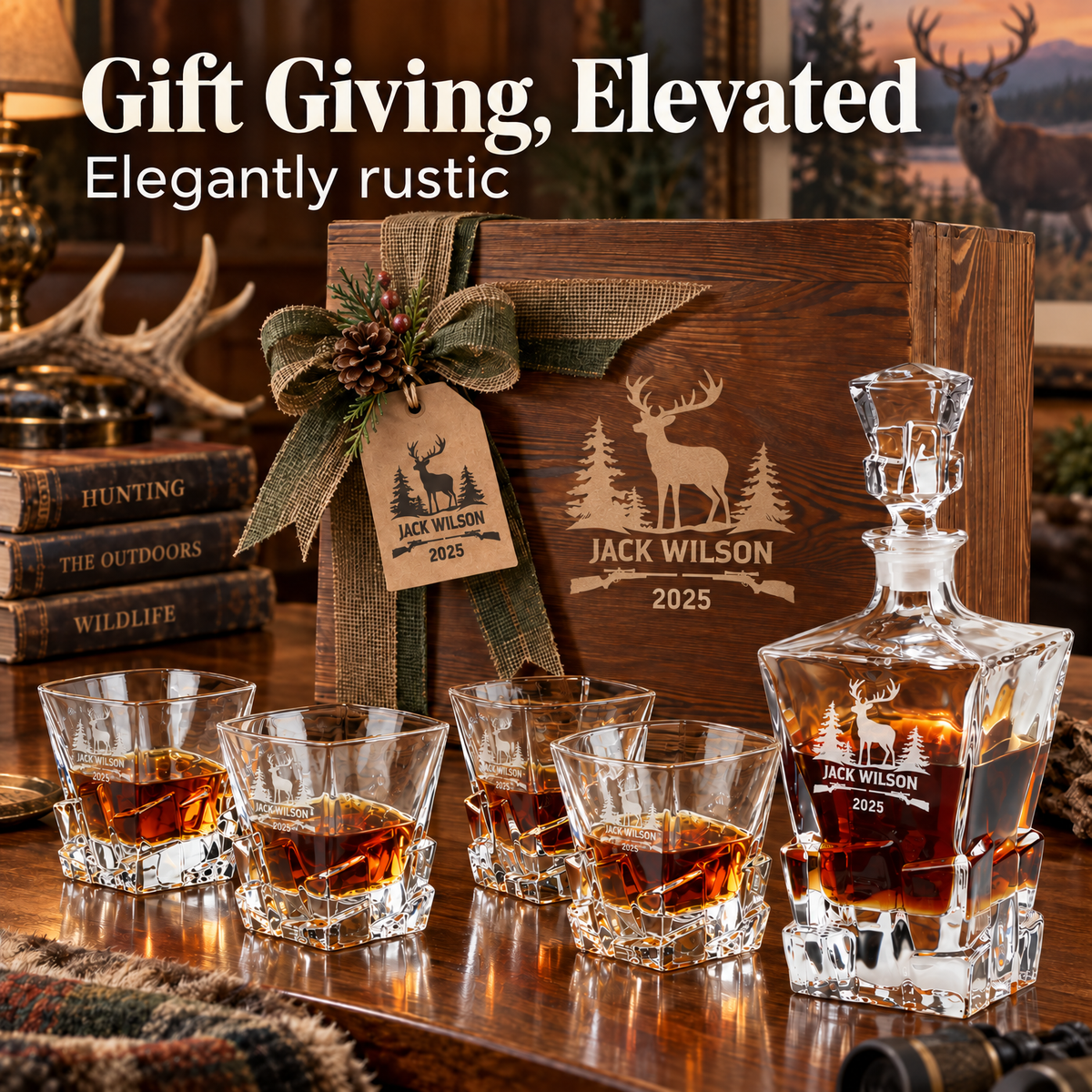 Gift for Hunters – Rocks Decanter Set with 4 Glasses & Wooden Box product image
