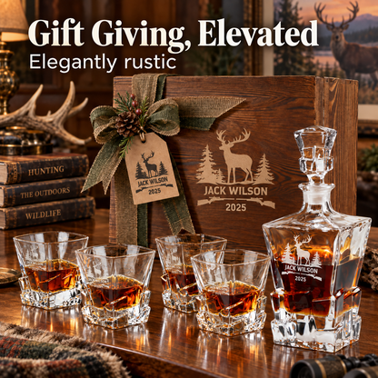 Gift for Hunters – Rocks Decanter Set with 4 Glasses & Wooden Box – image 16