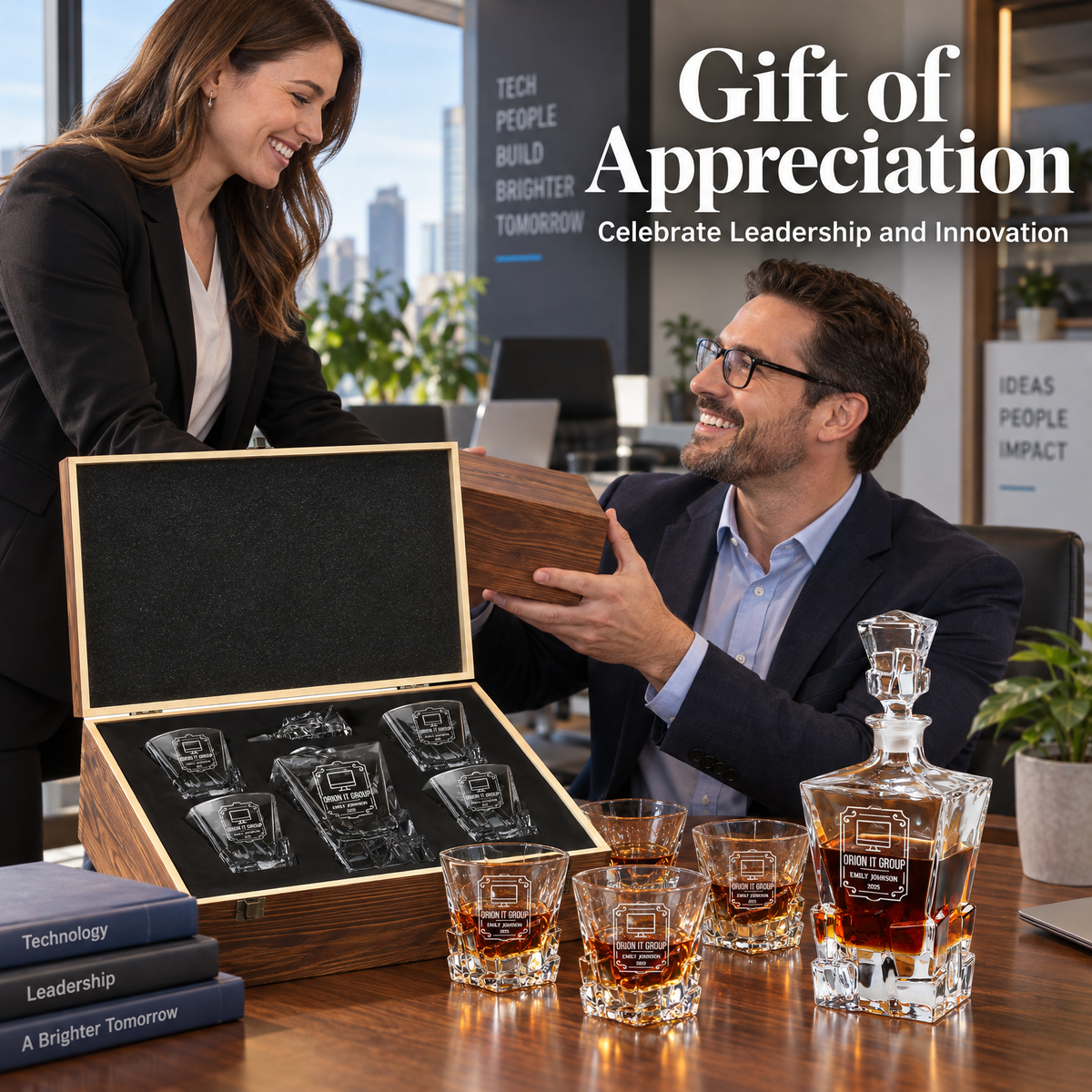 Technology Company Gifts – Rocks Decanter Set with 4 Glasses & Wooden Box – image 03