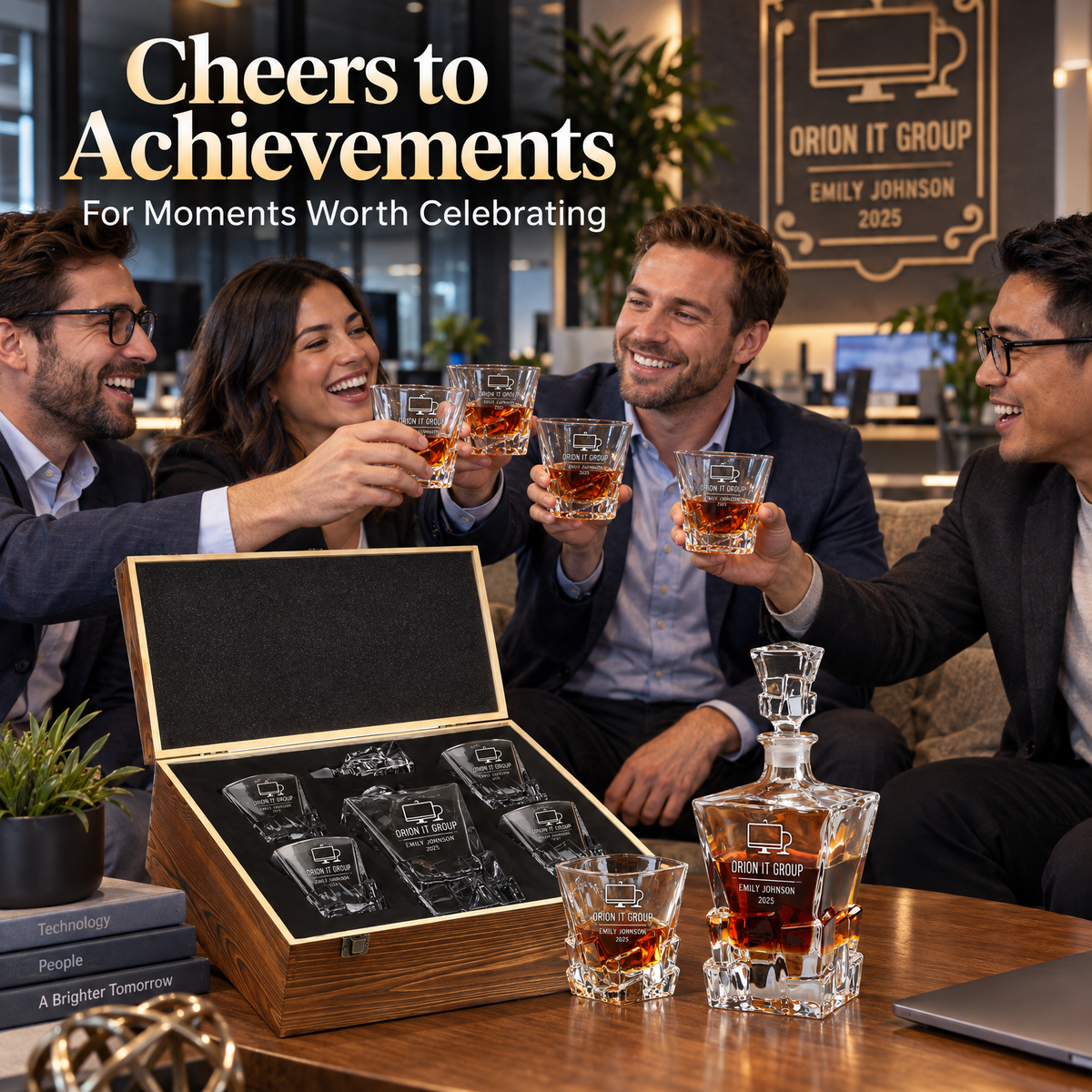 Technology Company Gifts – Rocks Decanter Set with 4 Glasses & Wooden Box – image 05