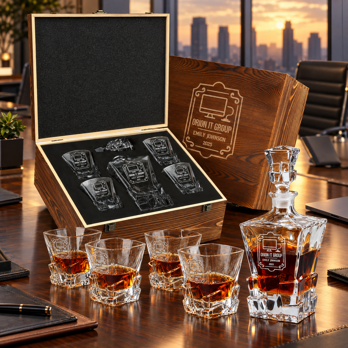 Technology Company Gifts – Rocks Decanter Set with 4 Glasses & Wooden Box product image