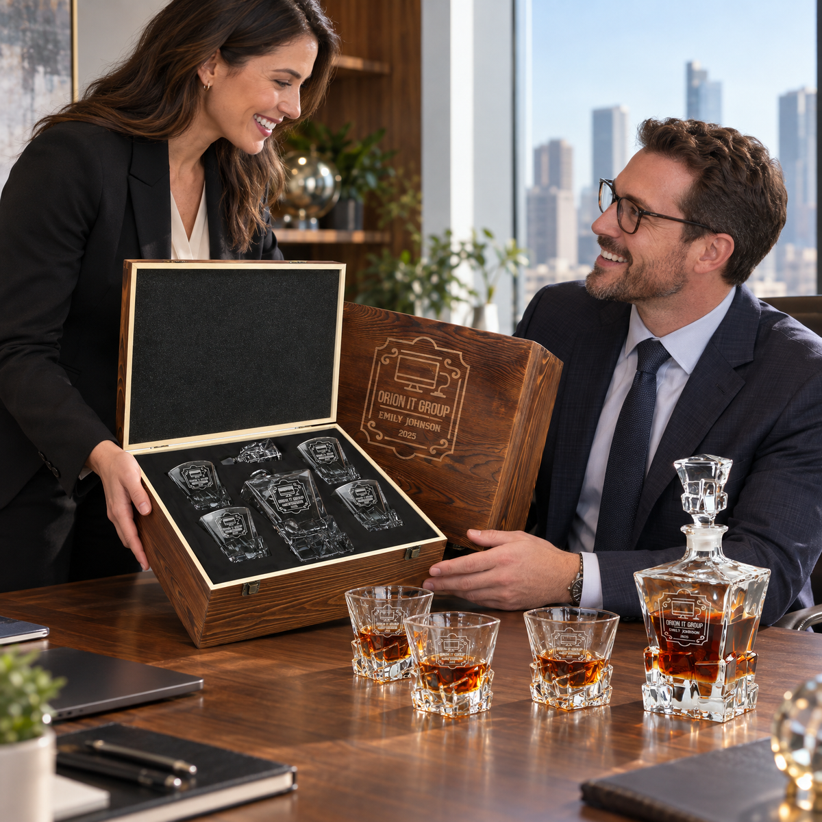 Technology Company Gifts – Rocks Decanter Set with 4 Glasses & Wooden Box – image 13