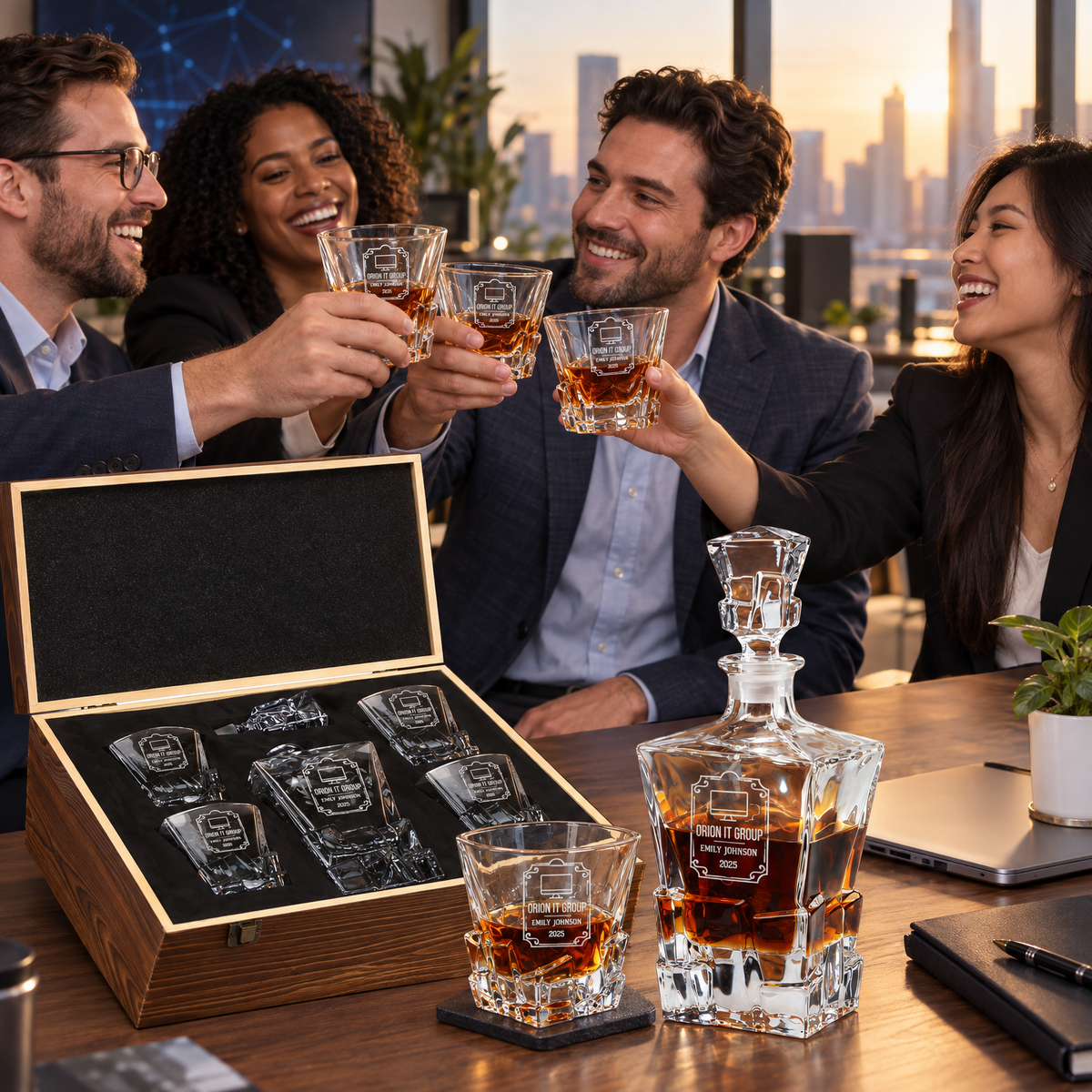 Technology Company Gifts – Rocks Decanter Set with 4 Glasses & Wooden Box – image 15