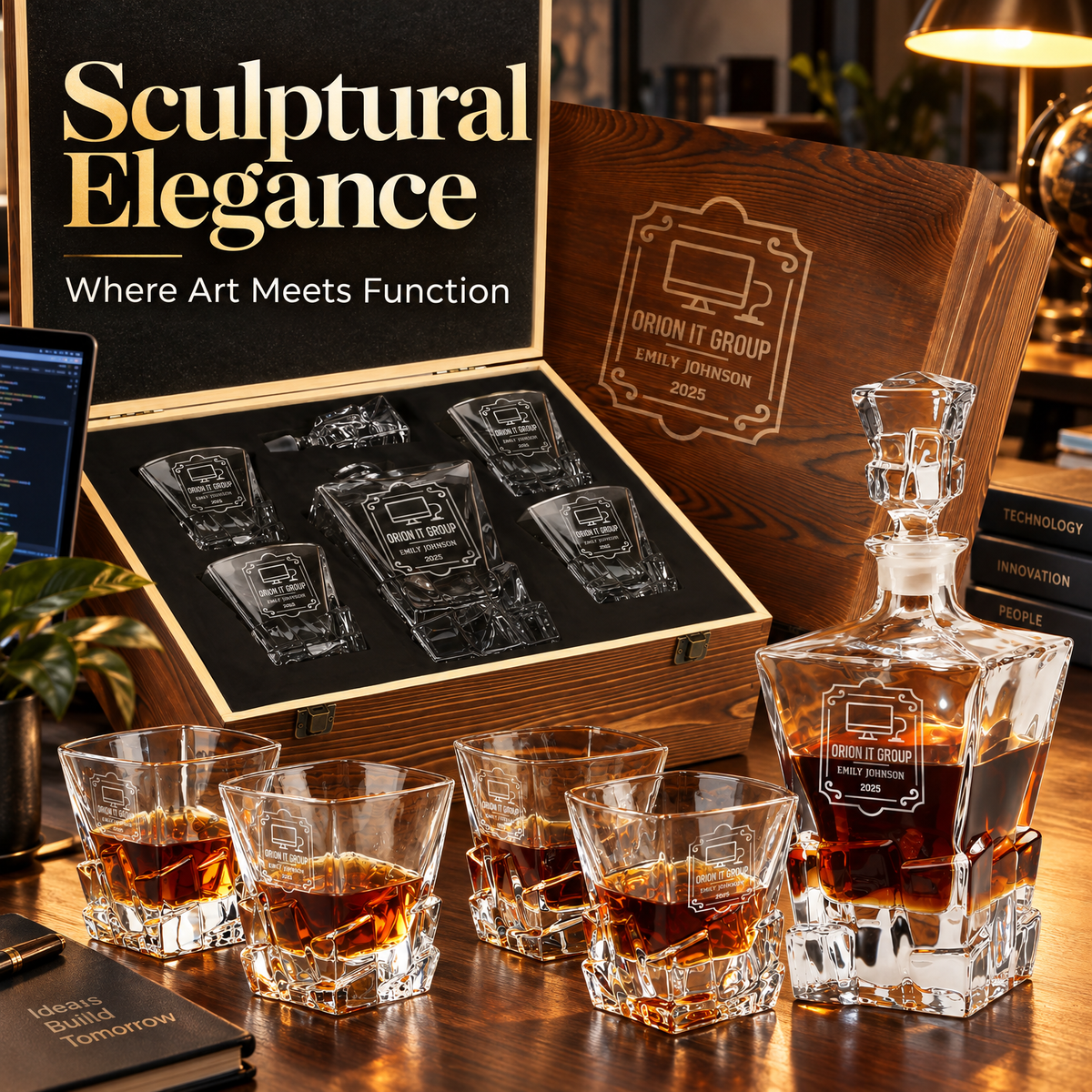 Technology Company Gifts – Rocks Decanter Set with 4 Glasses & Wooden Box – image 18