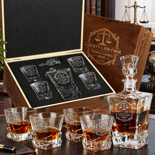 Legal Company Gifts – Rocks Decanter Set with 4 Glasses & Wooden Box – image 01