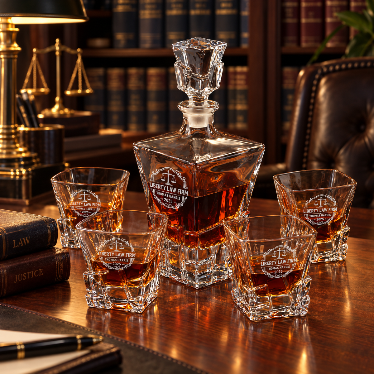 Legal Company Gifts – Rocks Decanter Set with 4 Glasses & Wooden Box product image