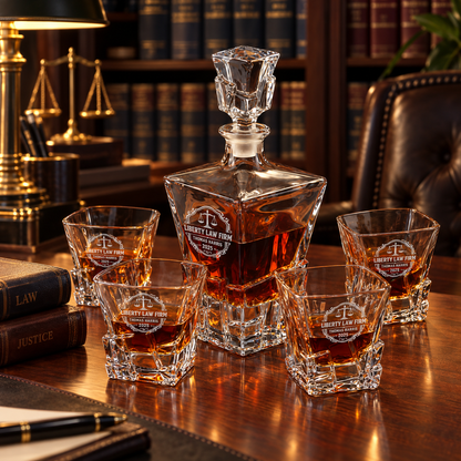 Legal Company Gifts – Rocks Decanter Set with 4 Glasses & Wooden Box – image 06