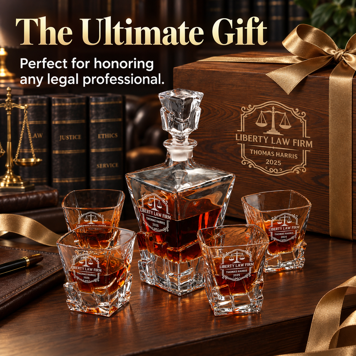 Legal Company Gifts – Rocks Decanter Set with 4 Glasses & Wooden Box – image 16