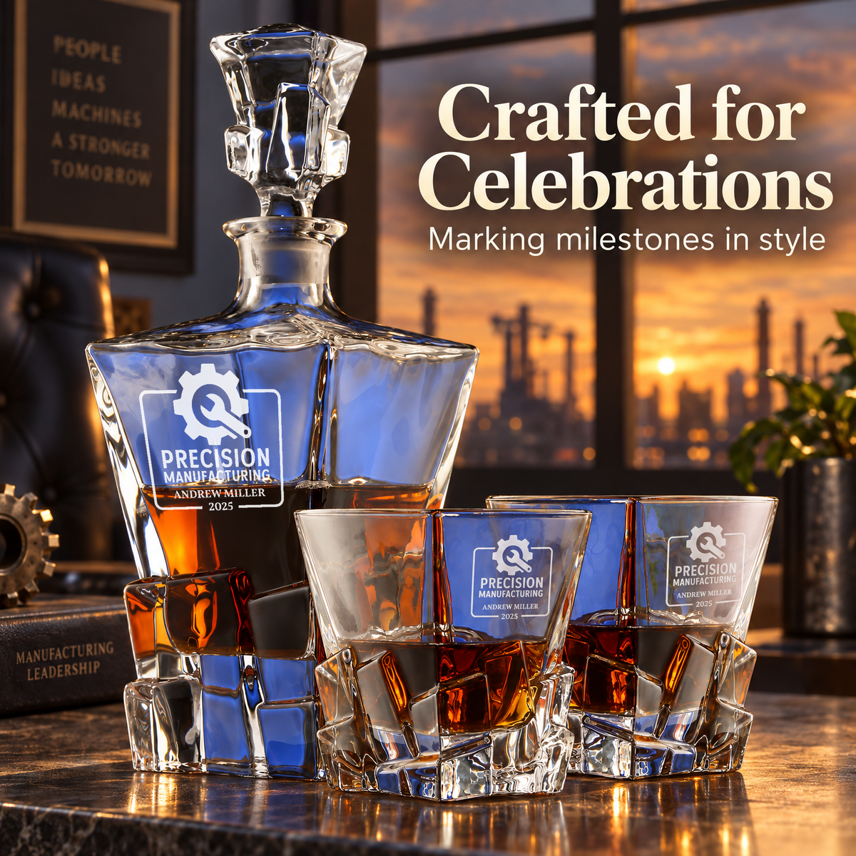 Manufacturing Company Gifts – Rocks Decanter Set with 4 Glasses & Wooden Box – image 20
