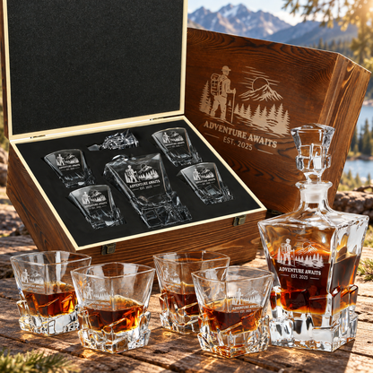 Gift for Outdoorsmen – Rocks Decanter Set with 4 Glasses & Wooden Box – image 01