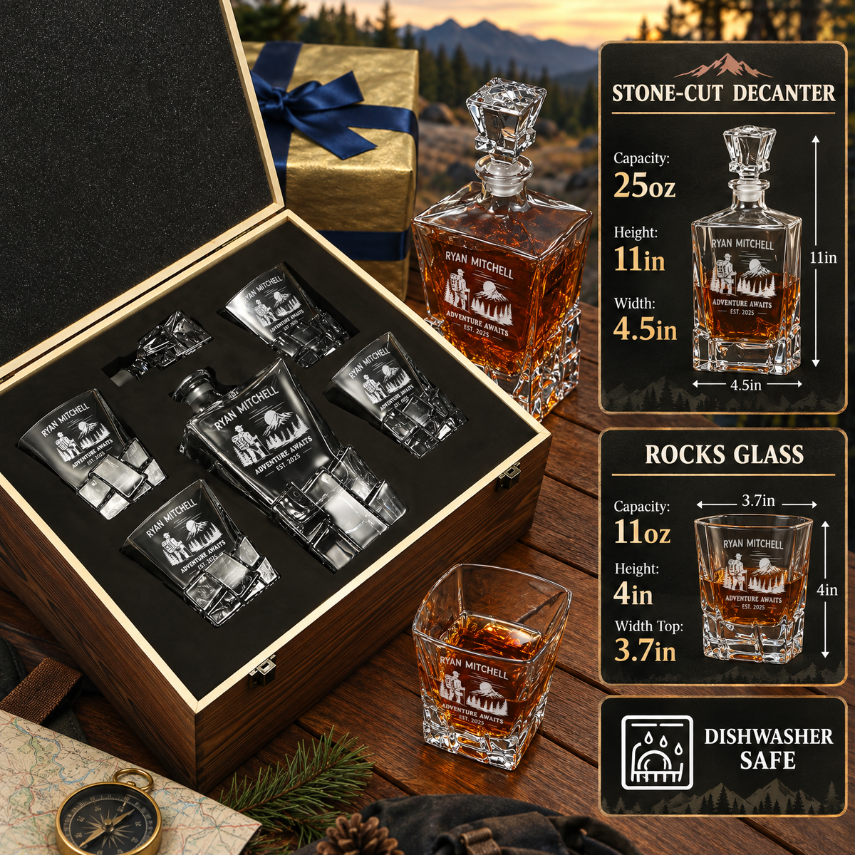 Gift for Outdoorsmen – Rocks Decanter Set with 4 Glasses & Wooden Box product image