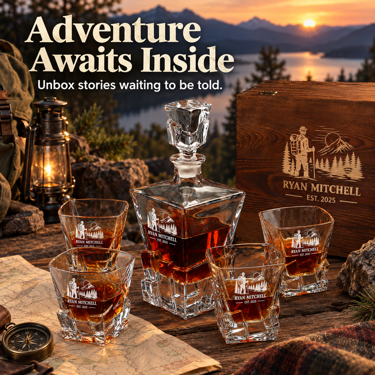 Gift for Outdoorsmen – Rocks Decanter Set with 4 Glasses & Wooden Box product image