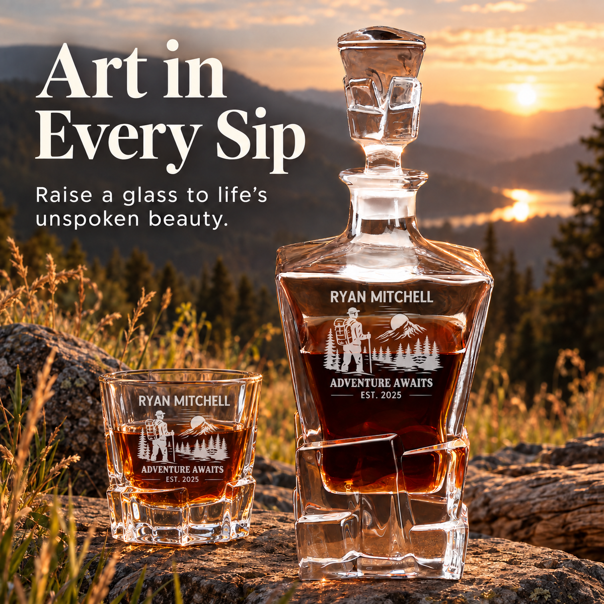 Gift for Outdoorsmen – Rocks Decanter Set with 4 Glasses & Wooden Box product image