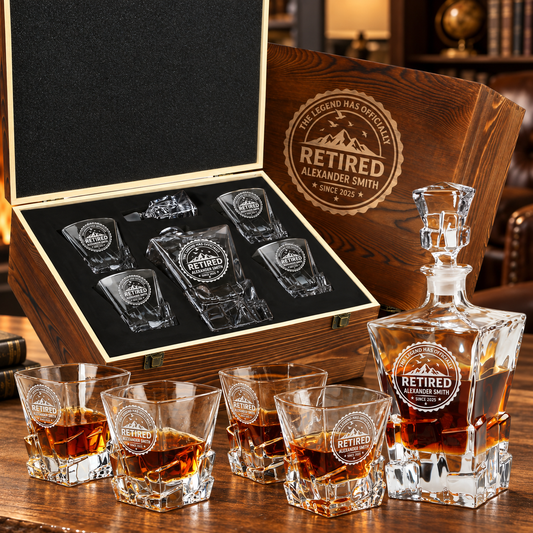 Retirement Gift – Rocks Decanter Set with 4 Glasses & Wooden Box – image 01