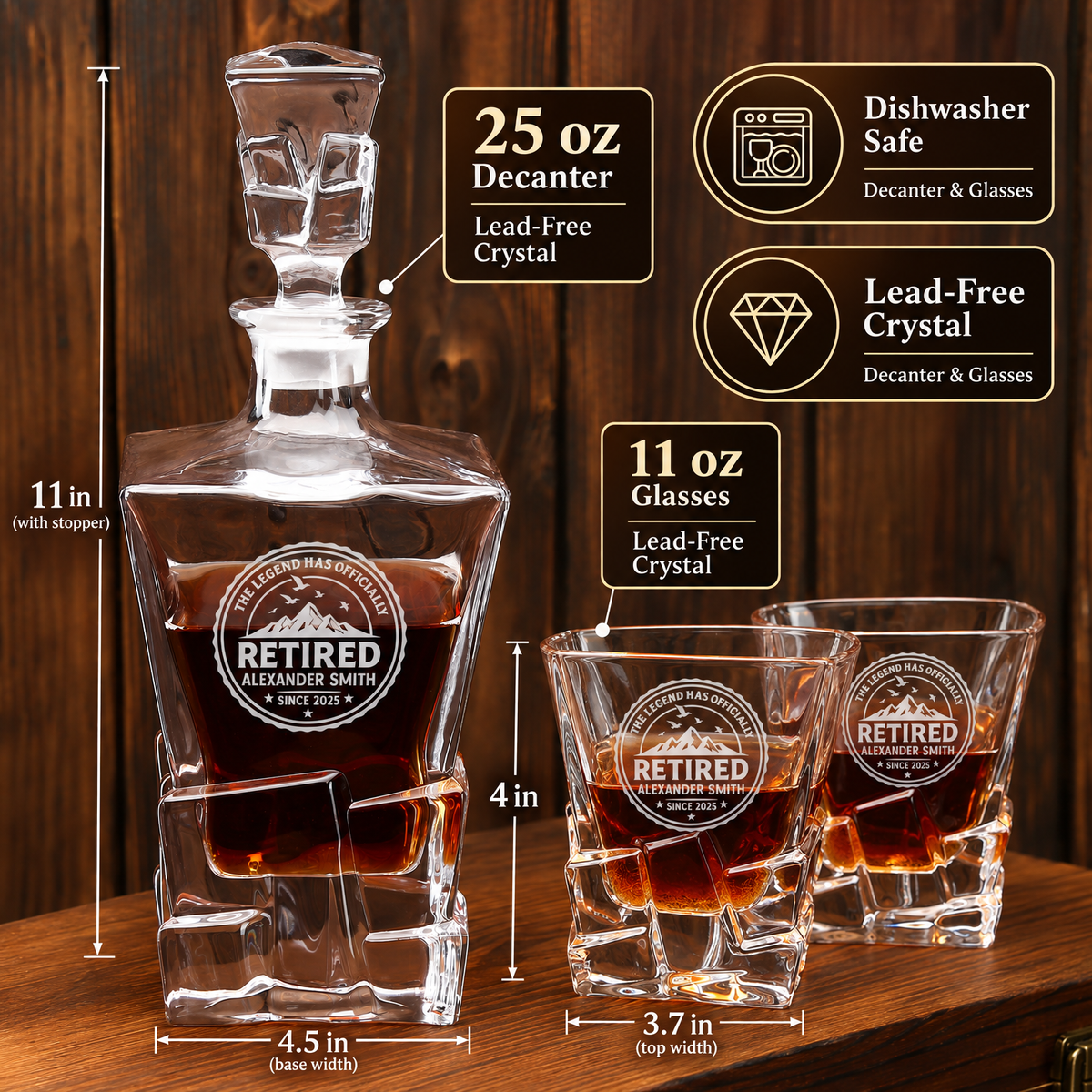 Retirement Gift – Rocks Decanter Set with 4 Glasses & Wooden Box product image