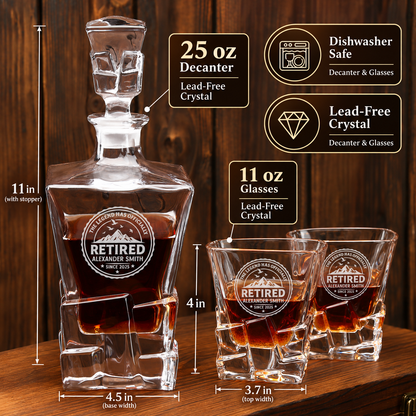 Retirement Gift – Rocks Decanter Set with 4 Glasses & Wooden Box – image 02