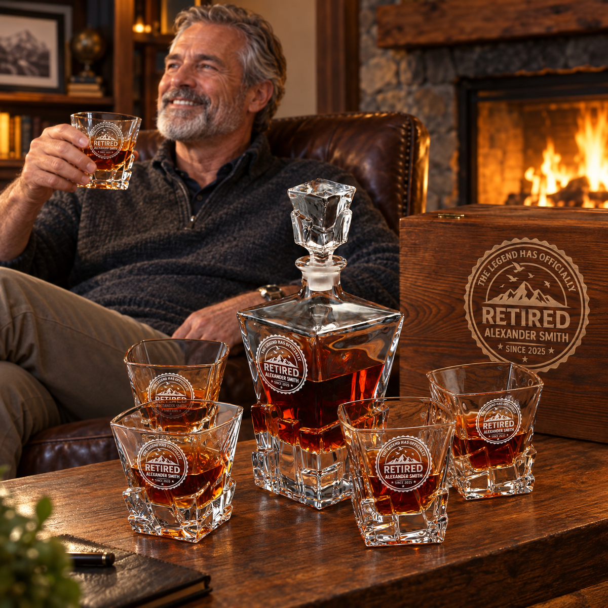 Retirement Gift – Rocks Decanter Set with 4 Glasses & Wooden Box product image