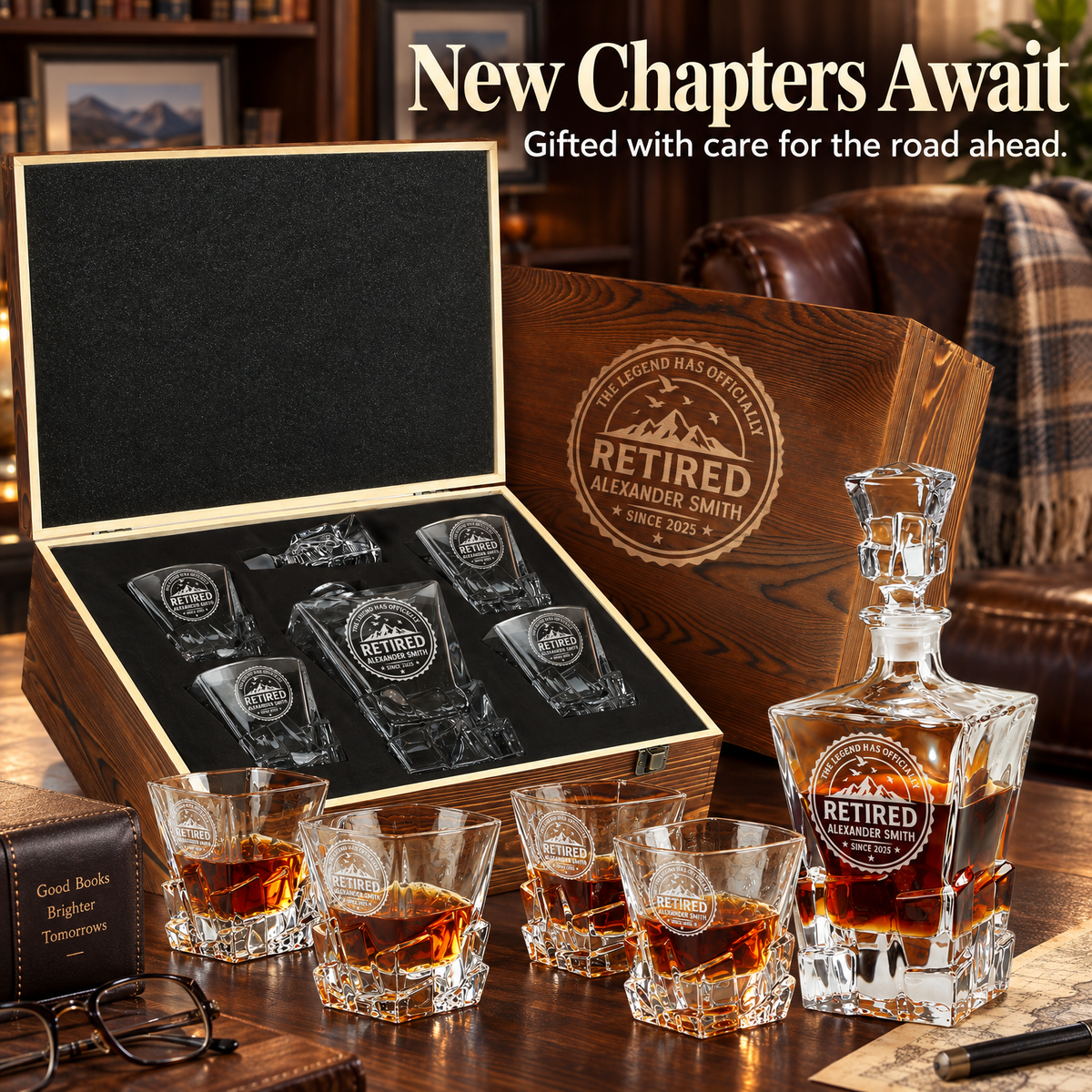 Retirement Gift – Rocks Decanter Set with 4 Glasses & Wooden Box – image 12