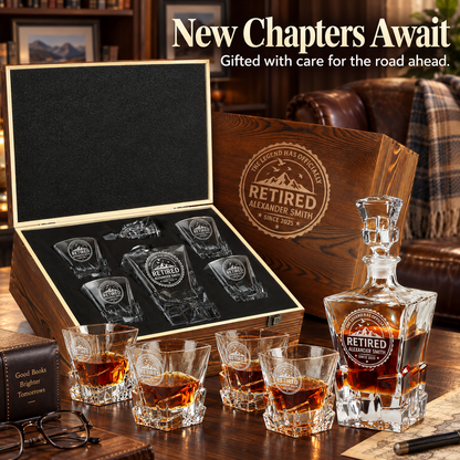 Retirement Gift – Rocks Decanter Set with 4 Glasses & Wooden Box – image 12