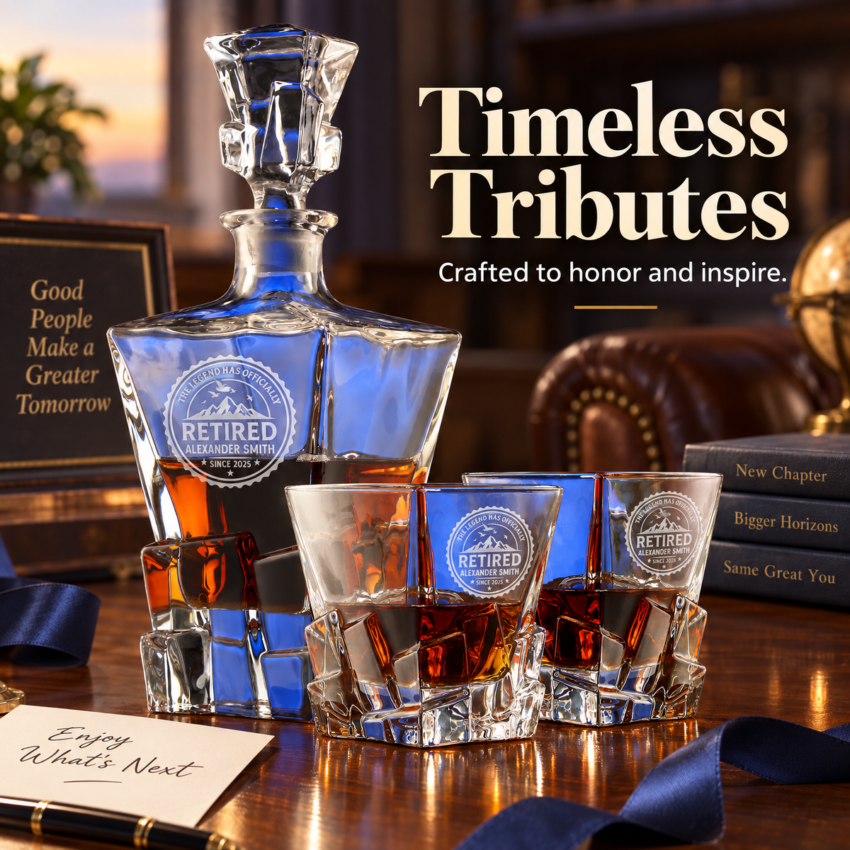 Retirement Gift – Rocks Decanter Set with 4 Glasses & Wooden Box product image
