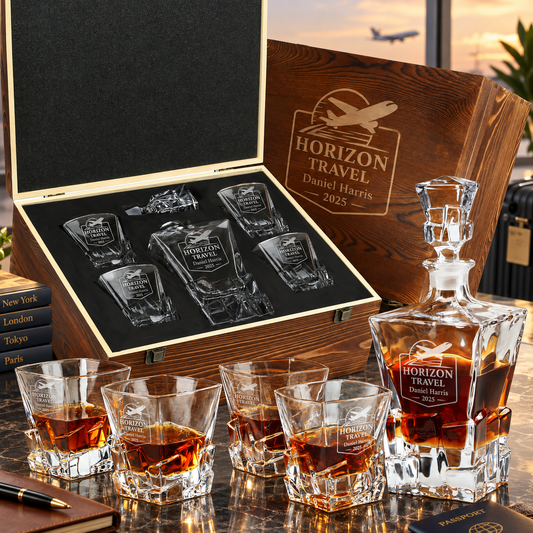 Travel & Hospitality Company Gifts – Rocks Decanter Set with 4 Glasses & Wooden Box – image 01