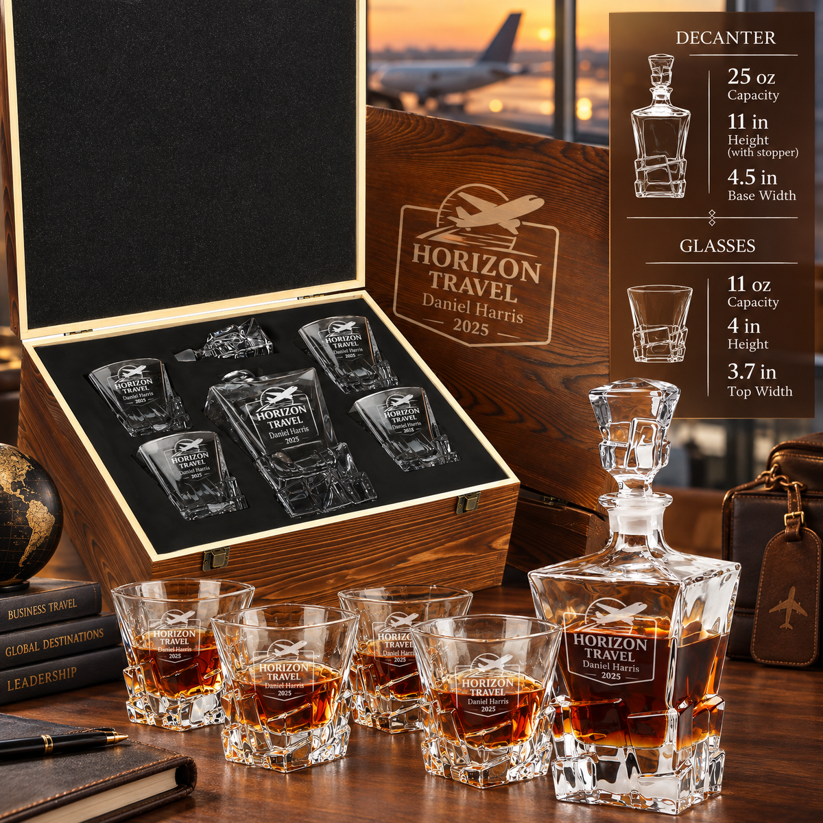 Travel & Hospitality Company Gifts – Rocks Decanter Set with 4 Glasses & Wooden Box product image