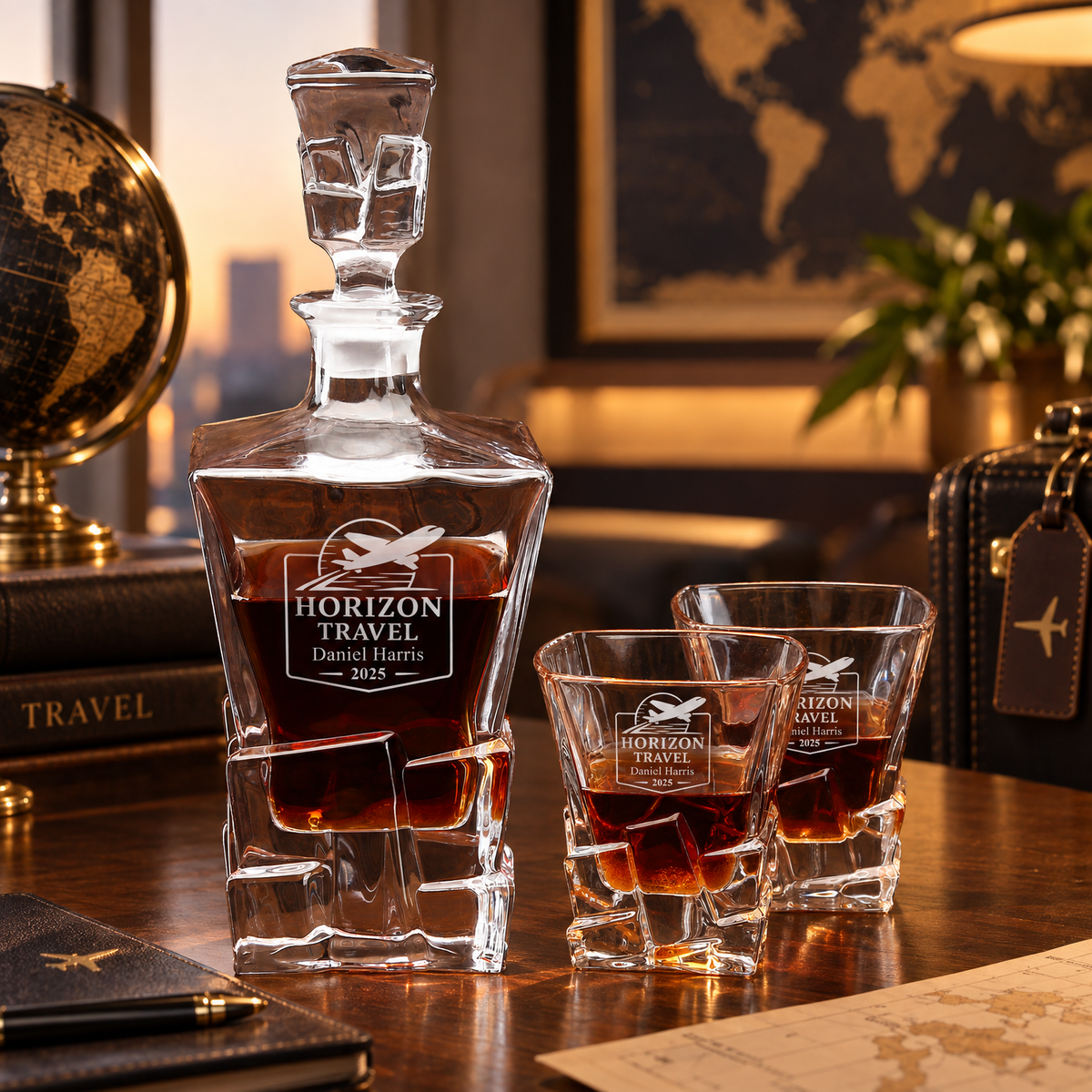 Travel & Hospitality Company Gifts – Rocks Decanter Set with 4 Glasses & Wooden Box – image 06