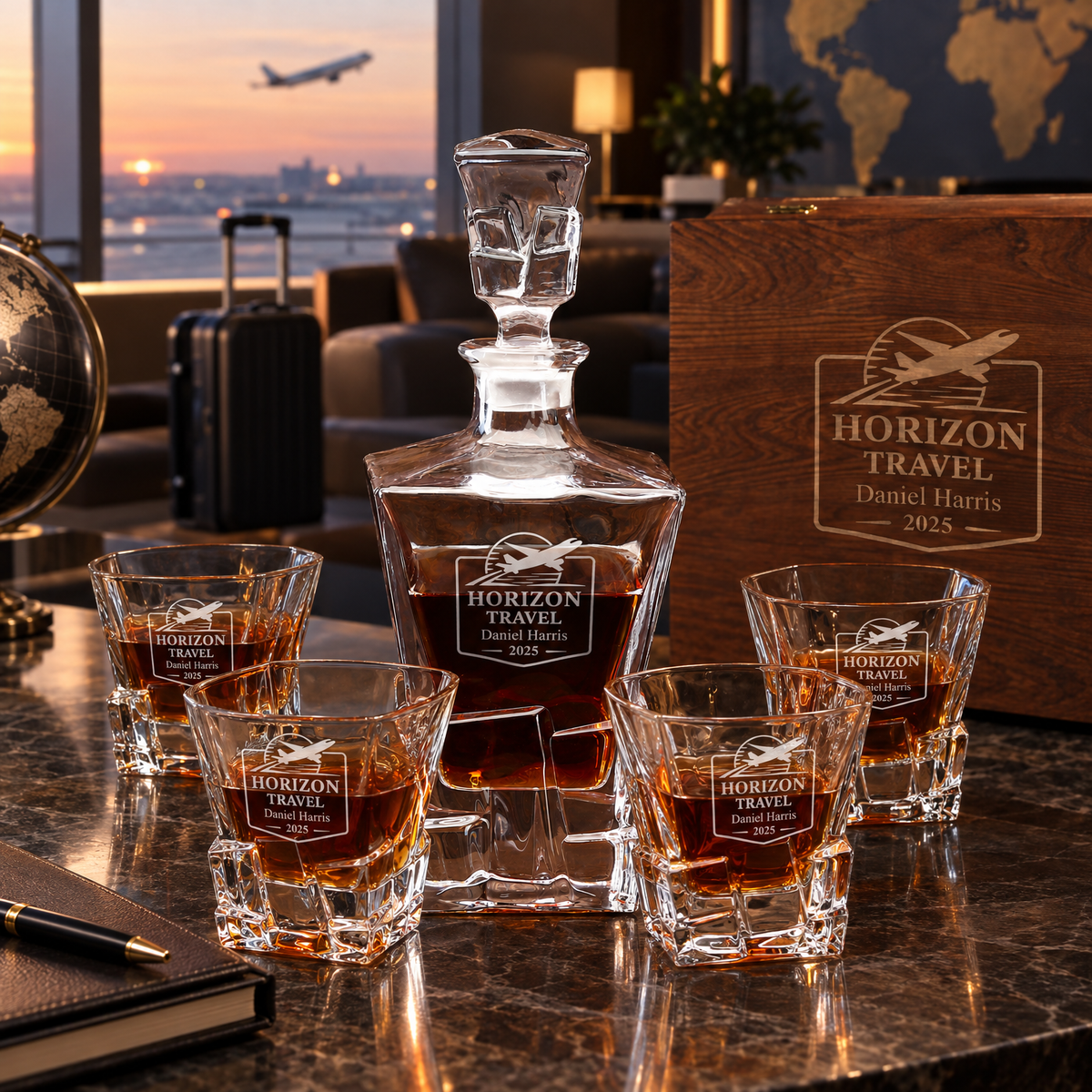 Travel & Hospitality Company Gifts – Rocks Decanter Set with 4 Glasses & Wooden Box product image