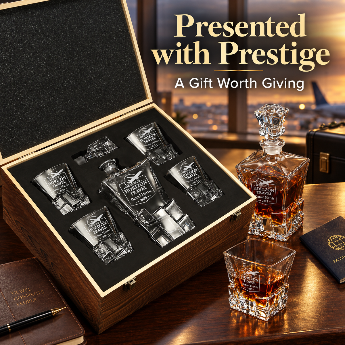 Travel & Hospitality Company Gifts – Rocks Decanter Set with 4 Glasses & Wooden Box – image 16