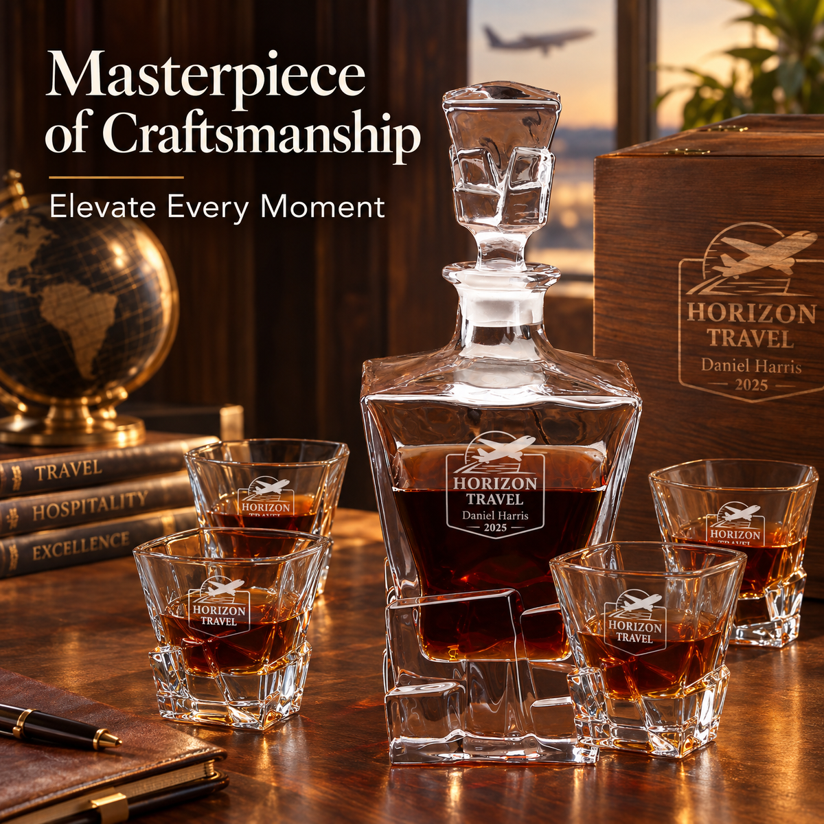 Travel & Hospitality Company Gifts – Rocks Decanter Set with 4 Glasses & Wooden Box product image