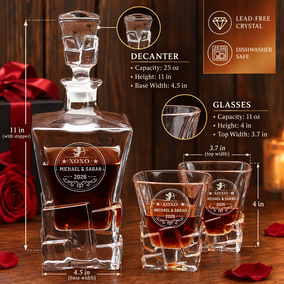 Valentine's Day Gift – Rocks Decanter Set with 4 Glasses & Wooden Box product image