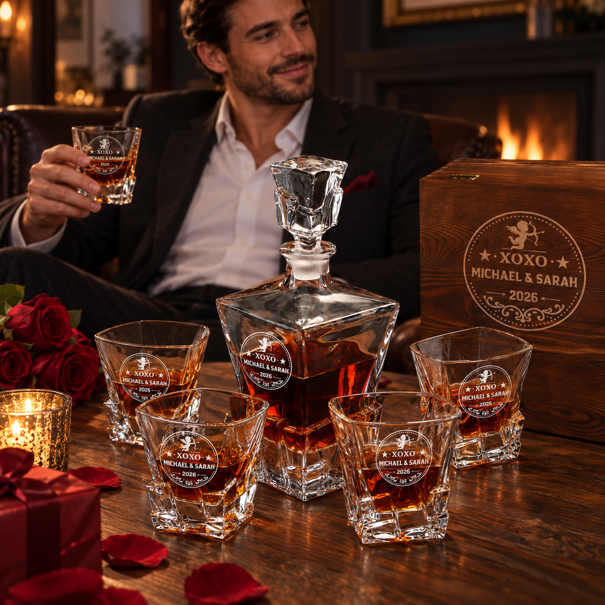 Valentine's Day Gift – Rocks Decanter Set with 4 Glasses & Wooden Box product image