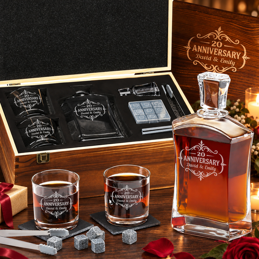 Anniversary Gift – Slick Decanter Set with 2 Glasses, 9 Whiskey Stones & Wooden Box – image 01