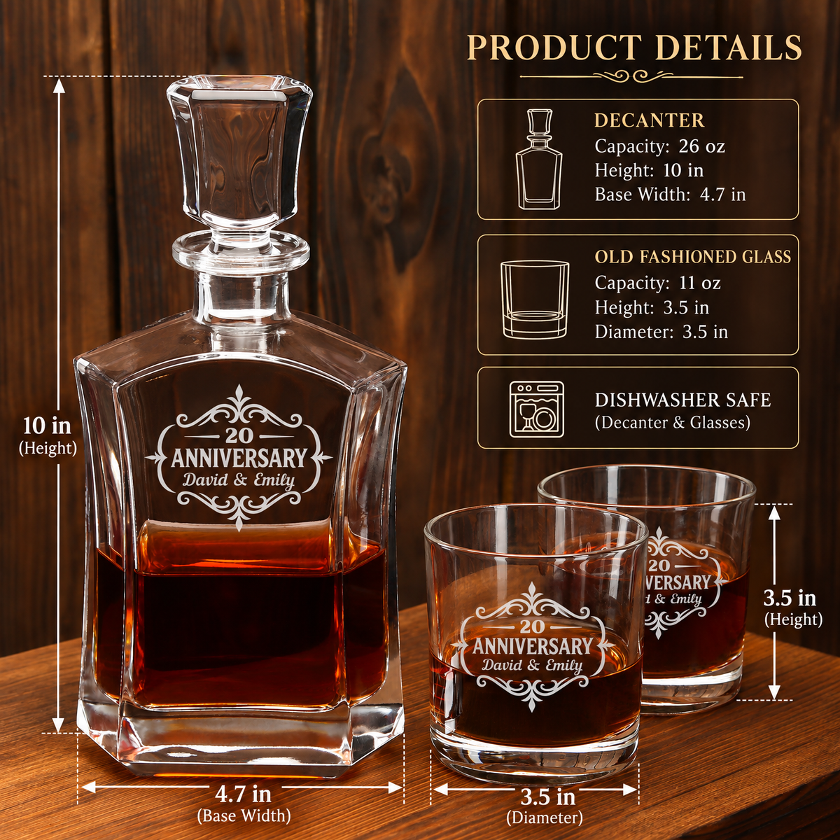Anniversary Gift – Slick Decanter Set with 2 Glasses, 9 Whiskey Stones & Wooden Box – image 02