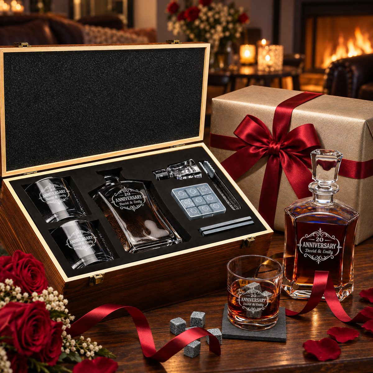 Anniversary Gift – Slick Decanter Set with 2 Glasses, 9 Whiskey Stones & Wooden Box product image