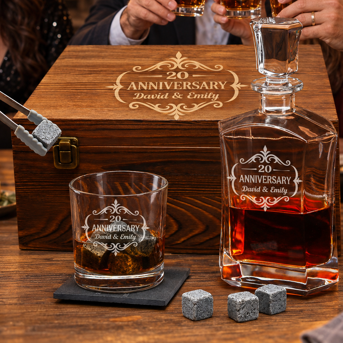 Anniversary Gift – Slick Decanter Set with 2 Glasses, 9 Whiskey Stones & Wooden Box product image