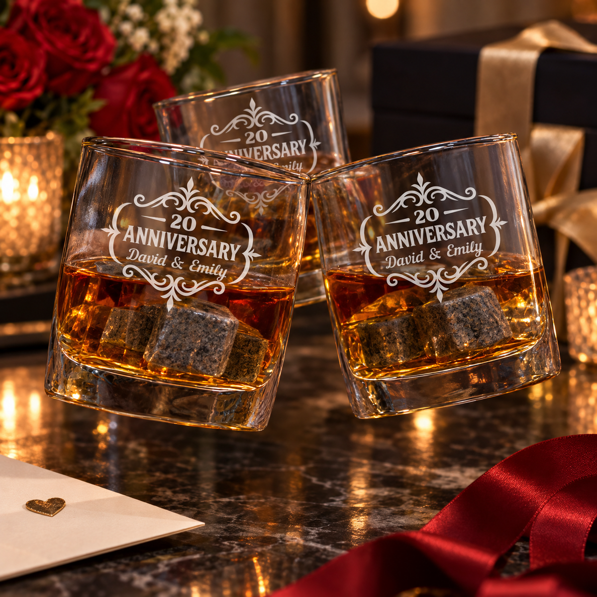 Anniversary Gift – Slick Decanter Set with 2 Glasses, 9 Whiskey Stones & Wooden Box product image