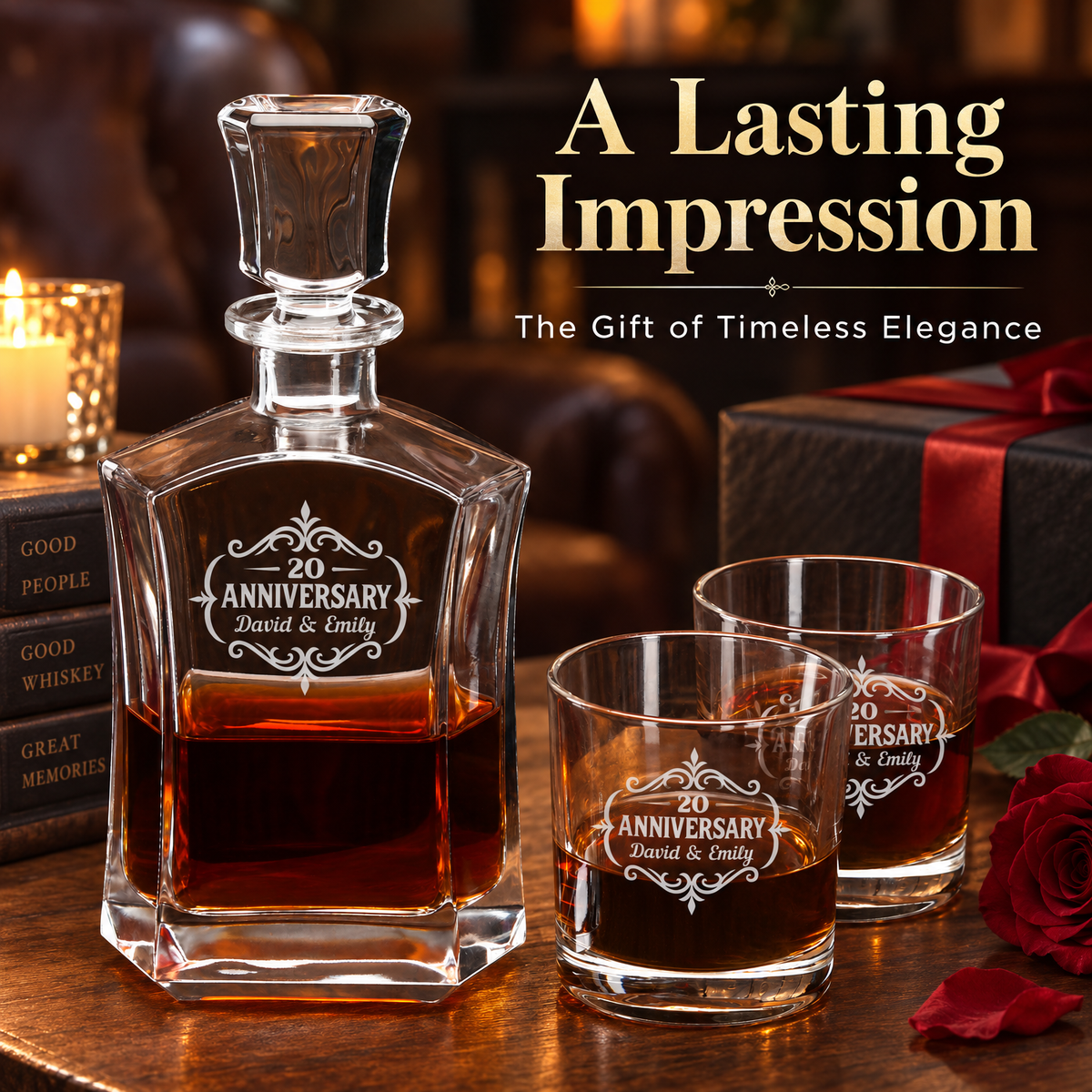Anniversary Gift – Slick Decanter Set with 2 Glasses, 9 Whiskey Stones & Wooden Box – image 12