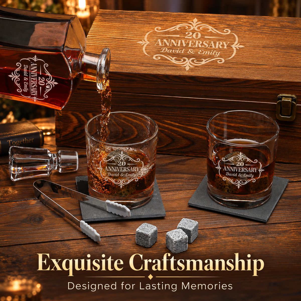 Anniversary Gift – Slick Decanter Set with 2 Glasses, 9 Whiskey Stones & Wooden Box – image 14