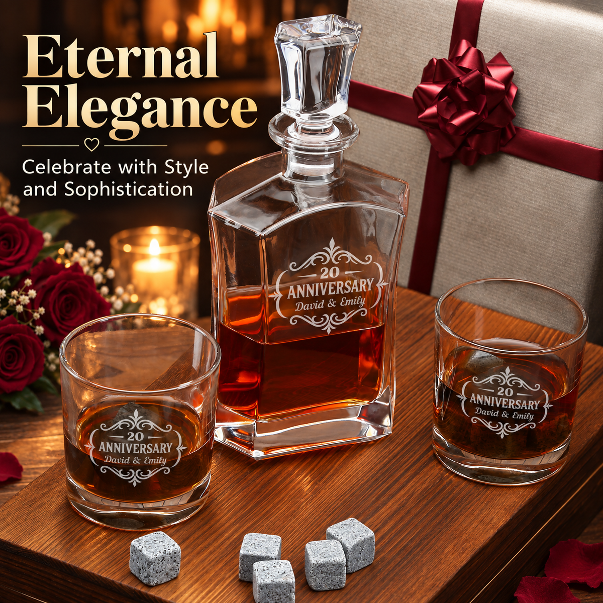 Anniversary Gift – Slick Decanter Set with 2 Glasses, 9 Whiskey Stones & Wooden Box product image