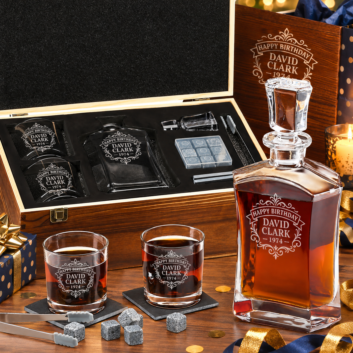 Birthday Gift – Slick Decanter Set with 2 Glasses, 9 Whiskey Stones & Wooden Box – image 01