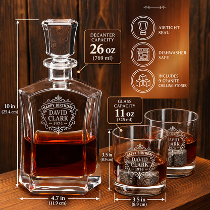 Birthday Gift – Slick Decanter Set with 2 Glasses, 9 Whiskey Stones & Wooden Box – image 02