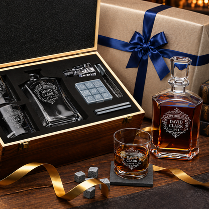 Birthday Gift – Slick Decanter Set with 2 Glasses, 9 Whiskey Stones & Wooden Box – image 04