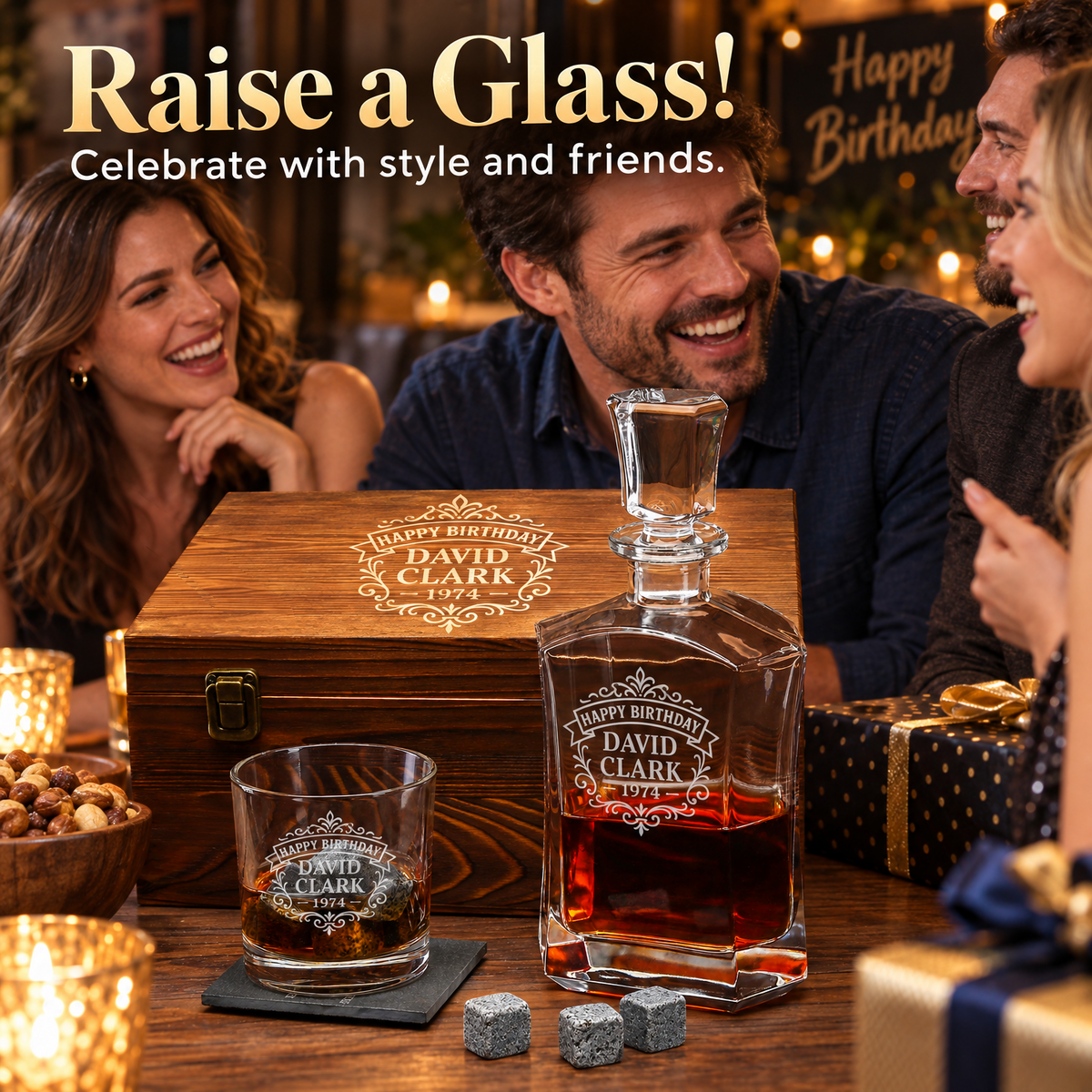 Birthday Gift – Slick Decanter Set with 2 Glasses, 9 Whiskey Stones & Wooden Box product image