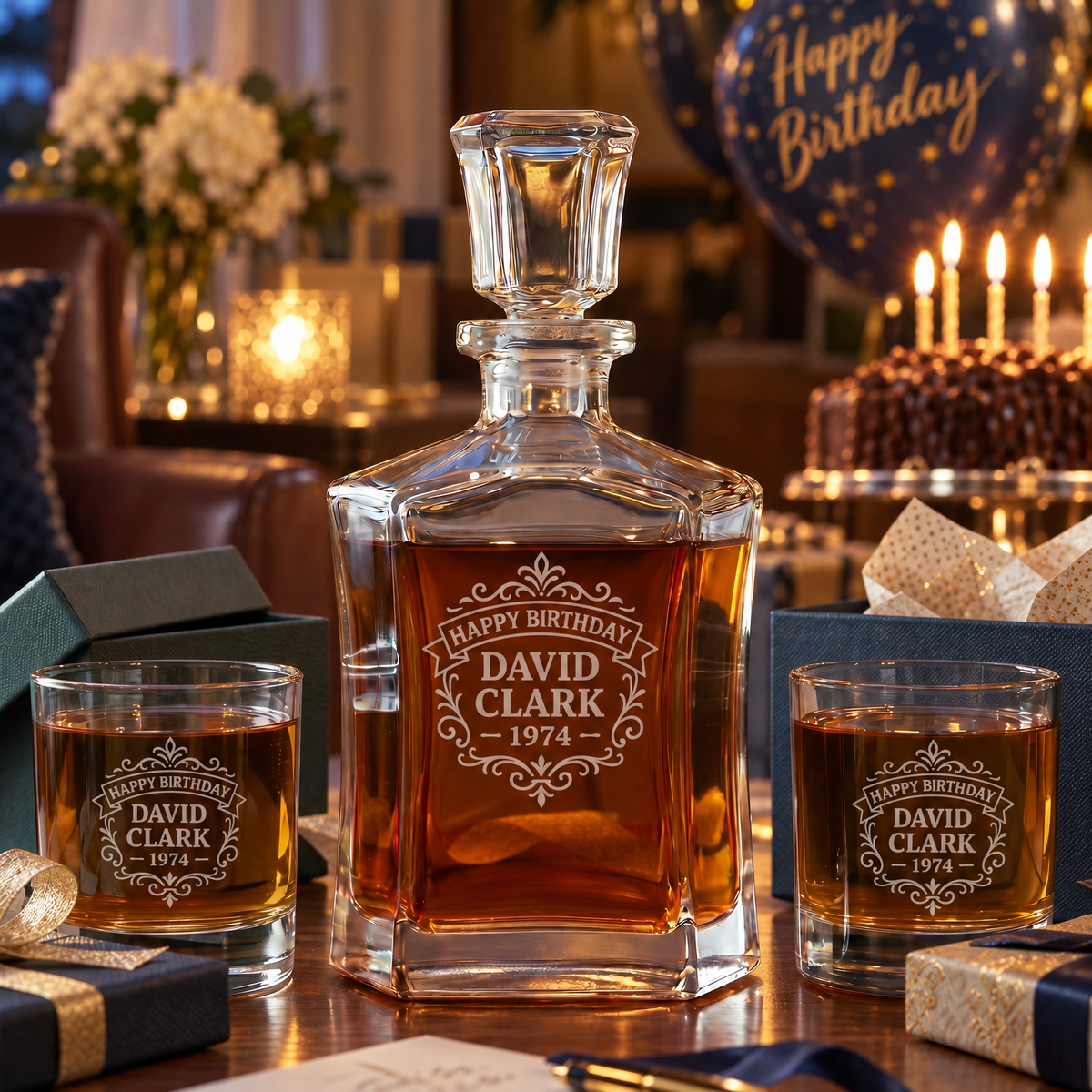 Birthday Gift – Slick Decanter Set with 2 Glasses, 9 Whiskey Stones & Wooden Box product image