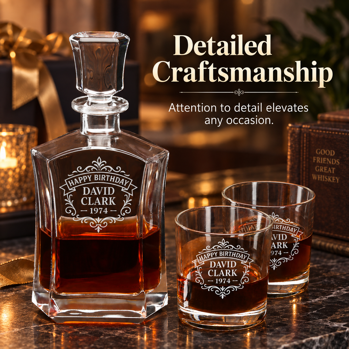 Birthday Gift – Slick Decanter Set with 2 Glasses, 9 Whiskey Stones & Wooden Box – image 12