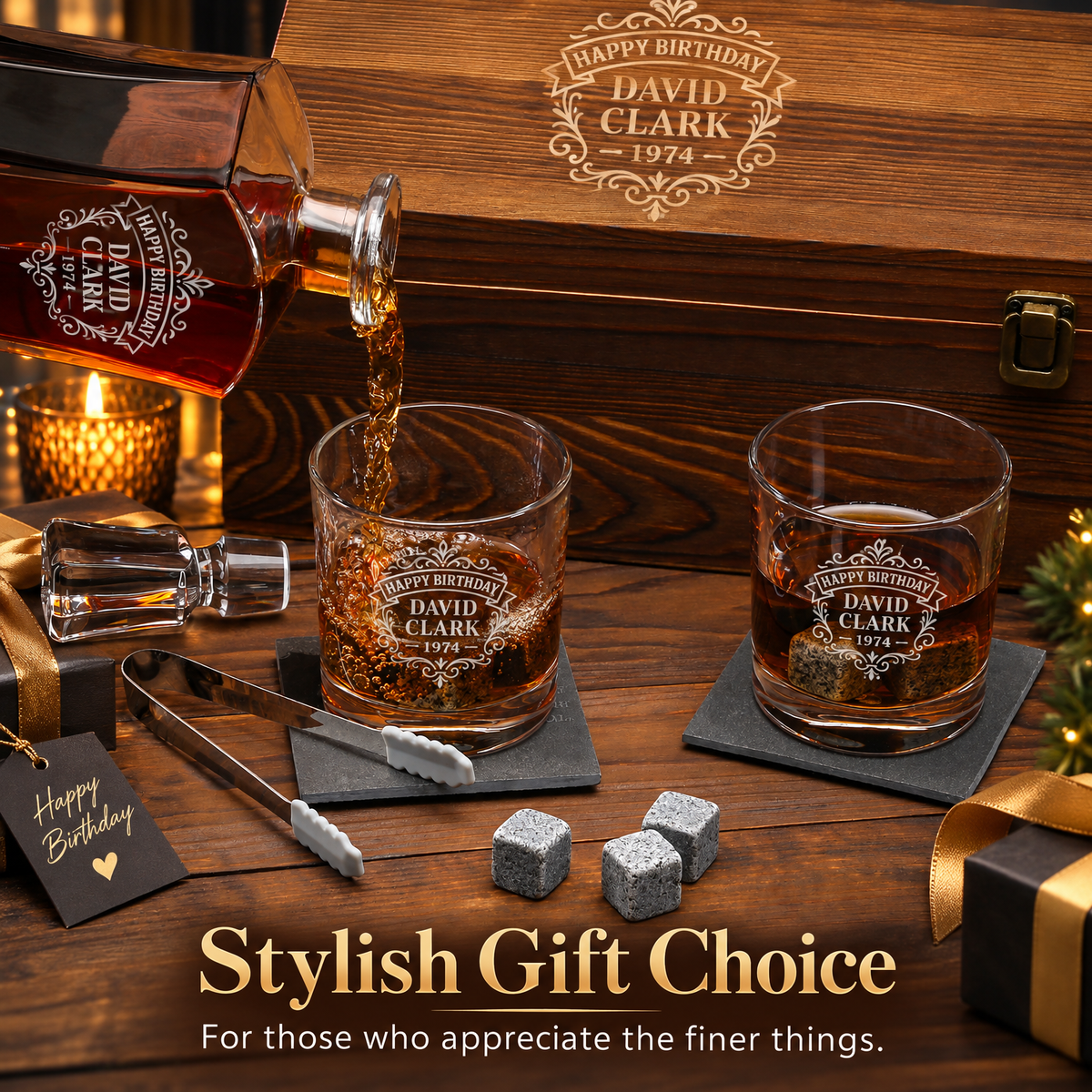 Birthday Gift – Slick Decanter Set with 2 Glasses, 9 Whiskey Stones & Wooden Box product image